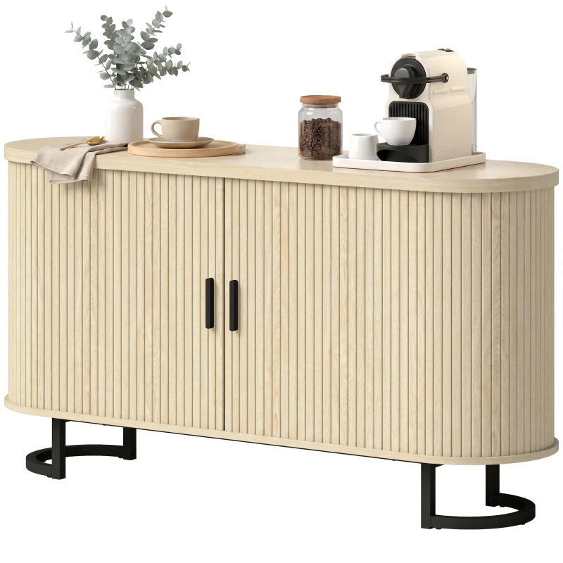 HOMCOM Aparador de sala, móvel de armazenamento oval com 2 portas deslizantes e prateleiras ajustáveis, 140x40x75cm, madeira natural
