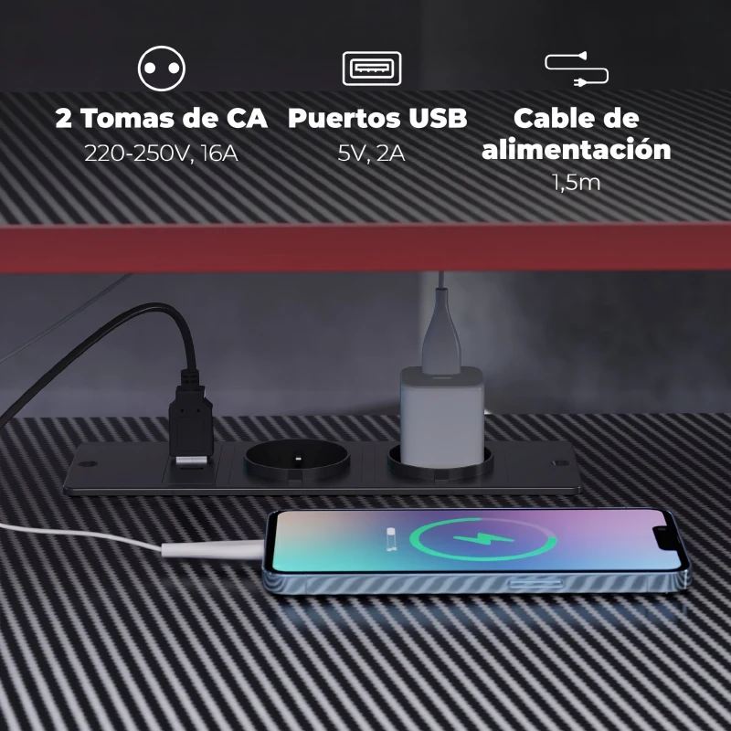 HOMCOM Escritorio Esquinero con Enchufes en Forma de L 128x128 cm con Soporte para Monitor Gancho y Portavasos Negro