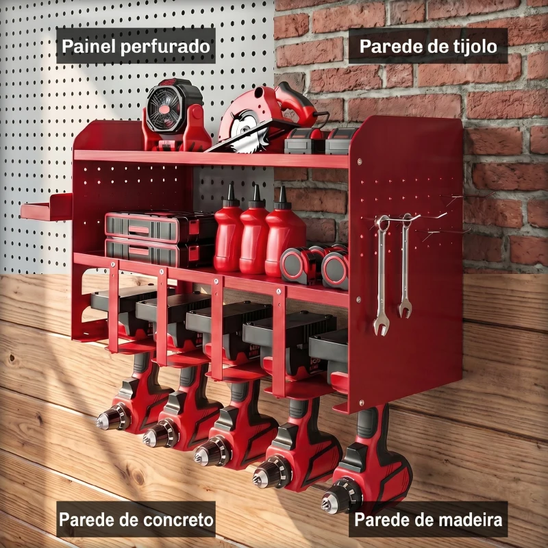 Outsunny Organizador de Ferramentas de Jardim Prateleira de Armazenamento de Parede de 2 Níveis para Garagem com Bandeja e Ganchos