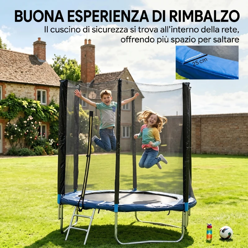SPORTNOW Trampolino Elastico con Scaletta e Rete di Sicurezza, in Acciaio e Plastica, Ø180x200 cm, Blu