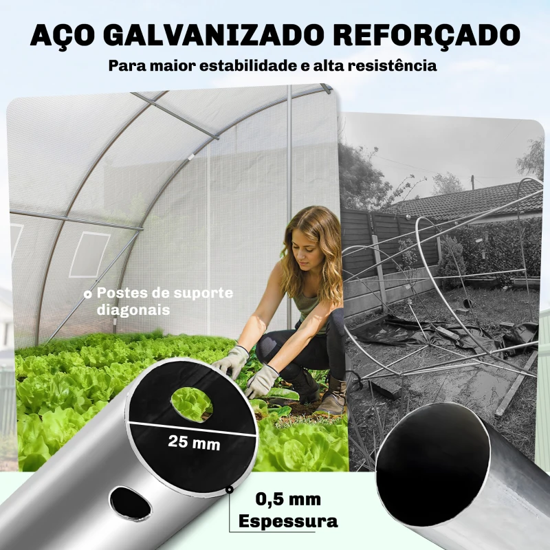 Outsunny Estufa Tipo Túnel com 2 Barras de Suporte, 2 Portas Enroláveis e Janelas com Rede, Cobertura de PE Anti-UV Branco