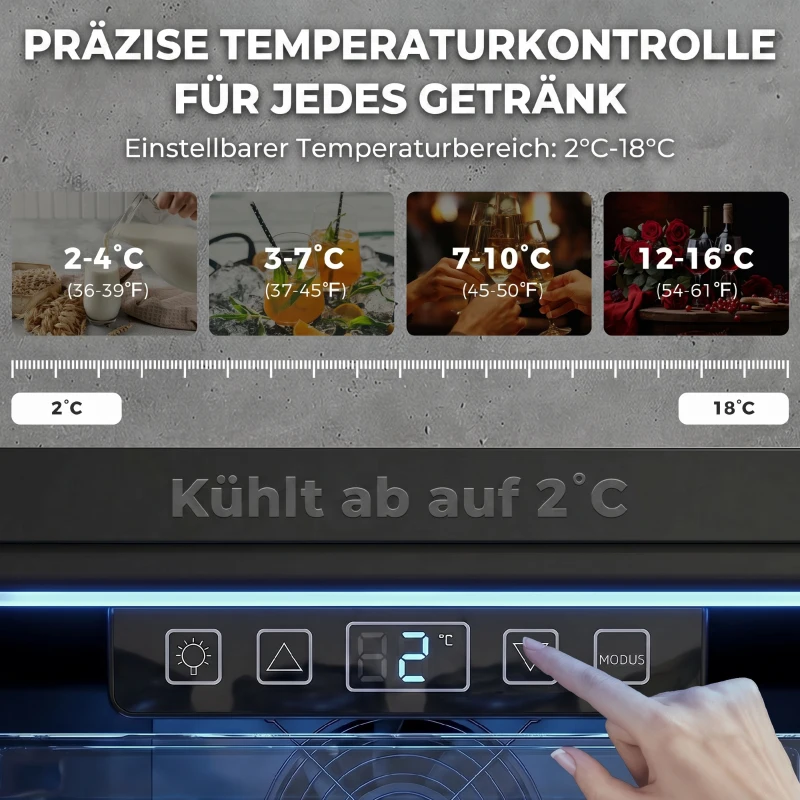 HOMCOM 70 L Getränkekühlschrank, Kühler für 70 Dosen mit Doppelglas-Tür, verstellbar Regal, LED-Beleuchtung Schwarz