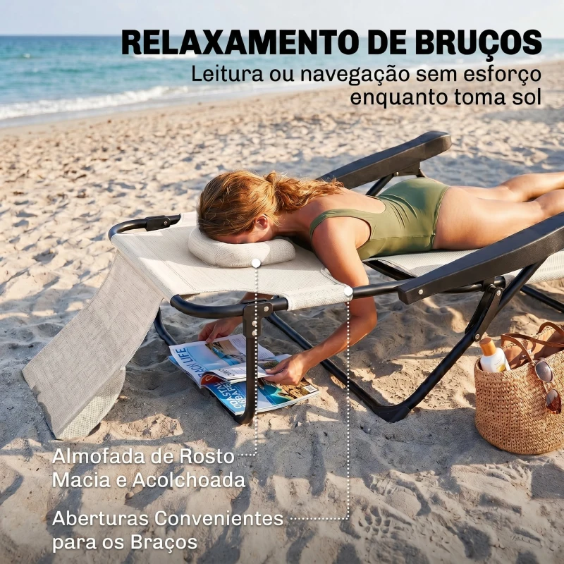 Outsunny Espreguiçadeira de Jardim Dobrável com Encosto Ajustável em 4 Níveis, Orifício de Leitura e Apoio de Cabeça 145x72x89 cm Creme