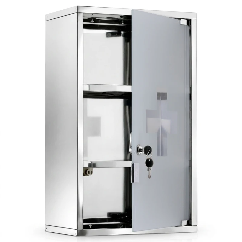 HOMCOM Armadietto medicinali 50x30x18cm Cassetta mobile bagno primo soccorso in acciaio inox con serratura