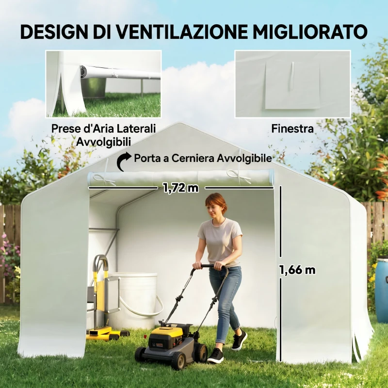 Outsunny Capanno da Giardino e Tenda Garage 3x3 m Impermeabile con Porta Avvolgibile, Metallo e PE, Bianco