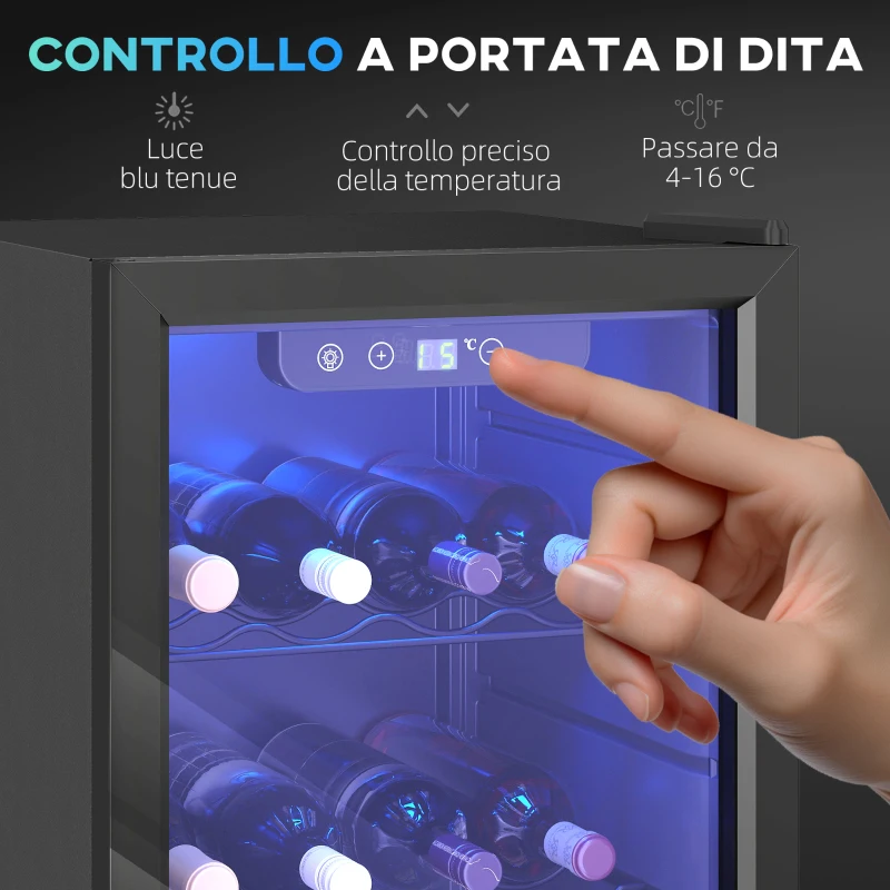 HOMCOM Cantinetta Vino Refrigerata 24 Bottiglie 68L Temperatura Regolabile 4-16℃ con Vetro Anti UV, Ripiani, Nera