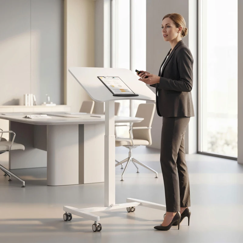 HOMCOM Bureau Debout Réglable en Hauteur, Plateau Inclinable, Roulettes et Cadre en Acier, 60,5 x 52 x 75-114 cm, Blanc