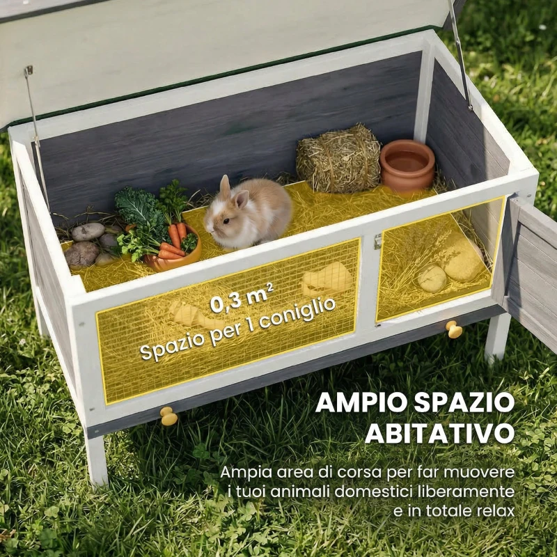 PawHut Conigliera da Esterno in Legno di Pino con Vassoio Estraibile, Tetto Apribile e Porta con Serratura, Grigio