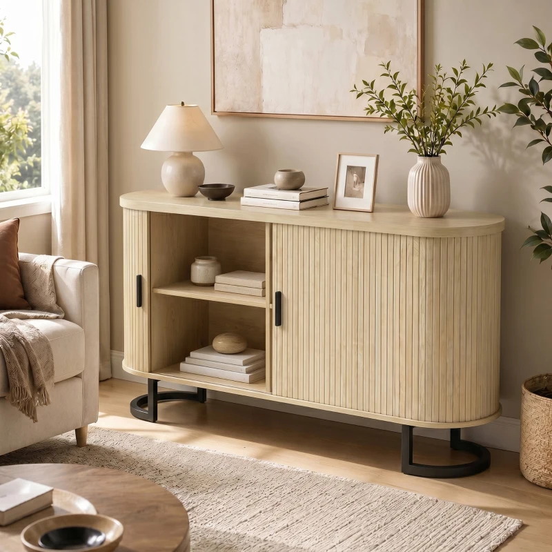 HOMCOM Aparador de sala, móvel de armazenamento oval com 2 portas deslizantes e prateleiras ajustáveis, 140x40x75cm, madeira natural