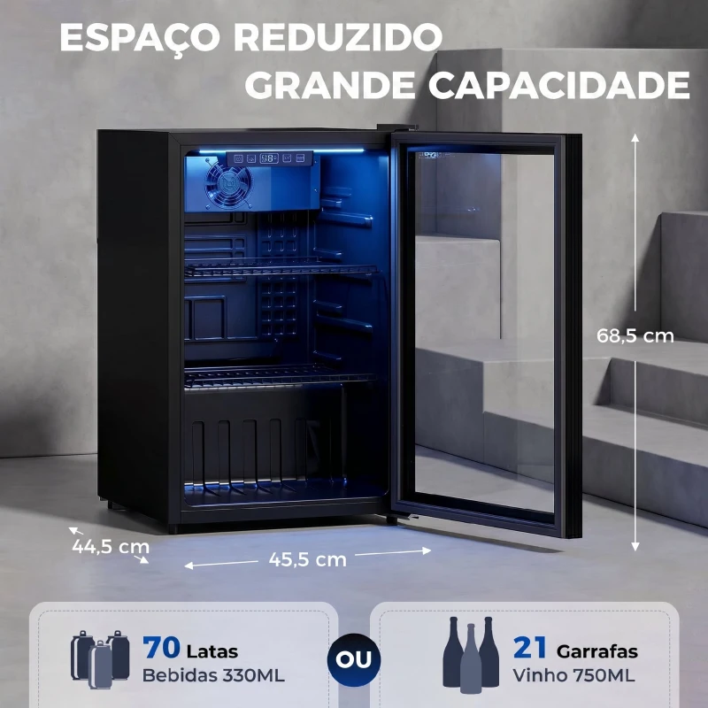 HOMCOM Frigorífico de Bebidas 70 L com Porta de Vidro Duplo Iluminação LED 2 Prateleiras Ajustáveis para 70 Latas