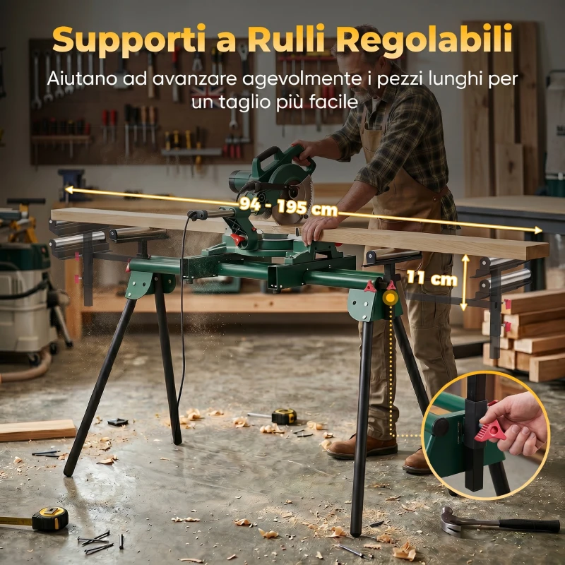 HOMCOM Supporto per Troncatrice con Bracci Regolabili, Gambe Pieghevoli, Altezza Regolabile, Capacità 150 kg, Verde