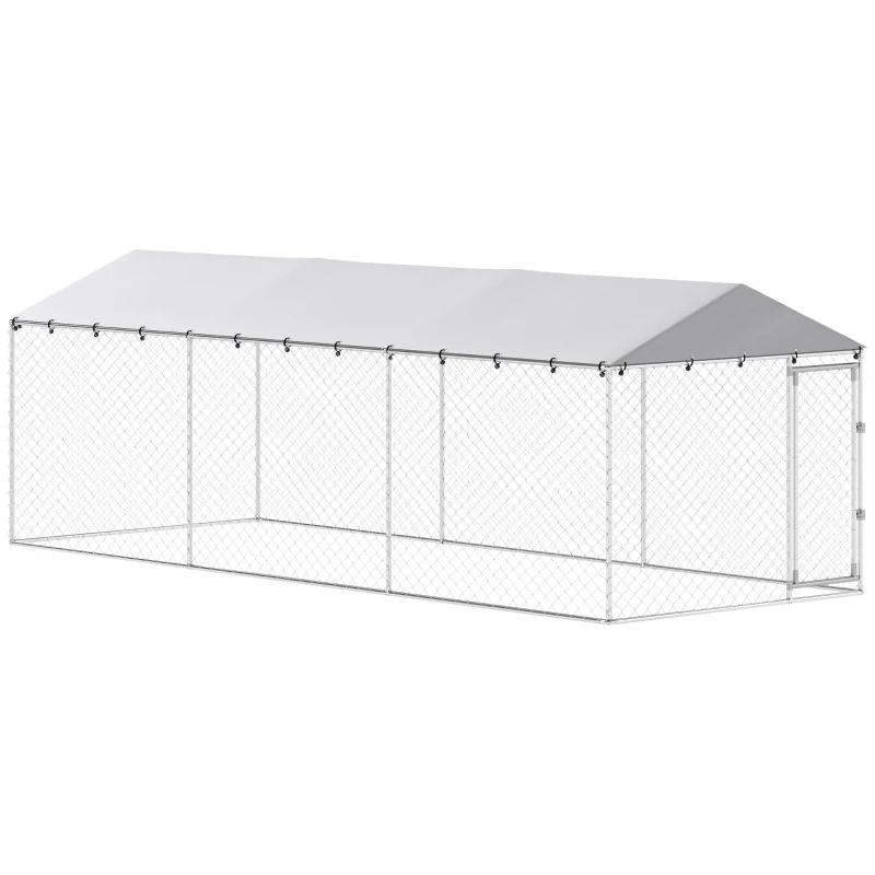 PawHut Enclos pour chiens d'extérieur avec grillage galvanisé et serrure, en acier et tissu Oxford, 6x2,3x2 m, Argent