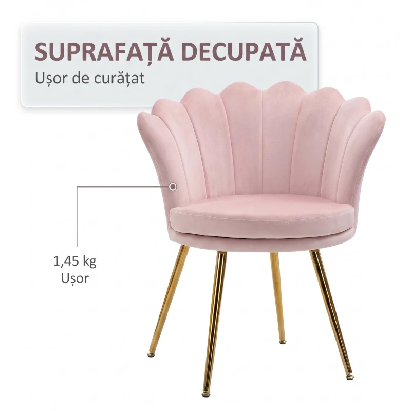 HOMCOM Scaun de Sufragerie Tip Scoică Stil Vintage din Catifea cu Picioare Aurite Roz