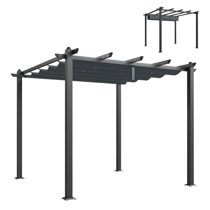 Outsunny Pergola Gazebo 3x3 m con 8 Fori di Drenaggio, in Alluminio, Metallo e Poliestere, Grigio Scuro