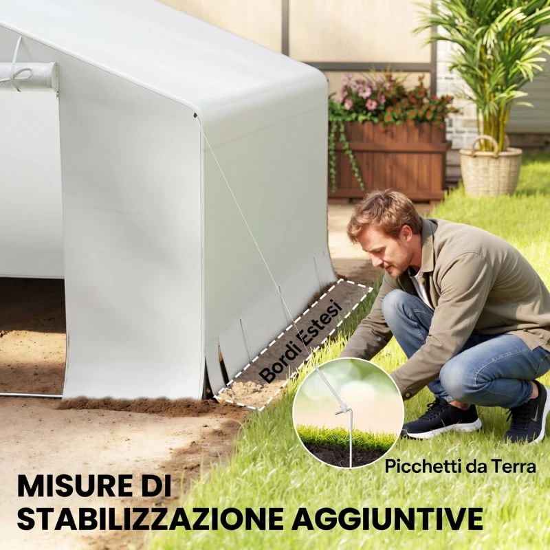 Outsunny Capanno da Giardino e Tenda Garage 3x3 m Impermeabile con Porta Avvolgibile, Metallo e PE, Bianco