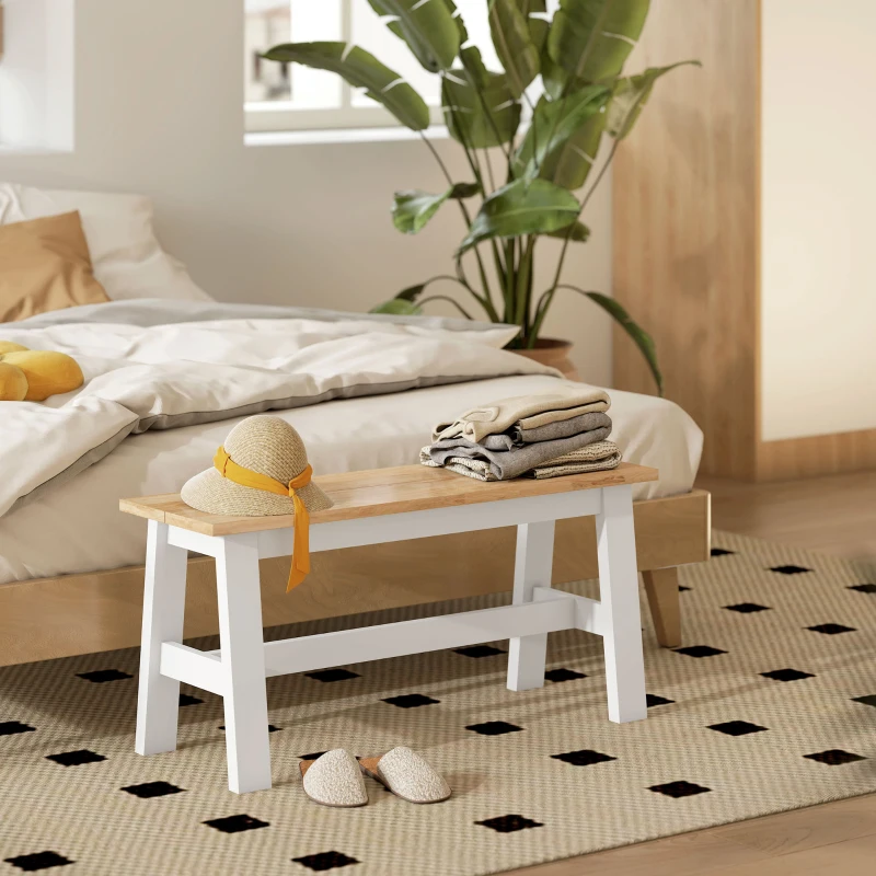 HOMCOM Sitzbank für 2, Holzbank in Eichenoptik, stabilisierende Querstange, für Wohnzimmer, Esszimmer, Flur, Kautschukholz, Weiß