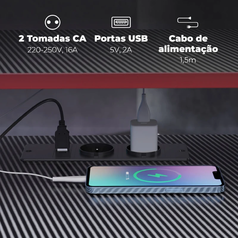 HOMCOM Secretária de Canto com Tomadas em Forma de L 128x128 cm com Suporte para Monitor Gancho e Suporte para Copos Preta
