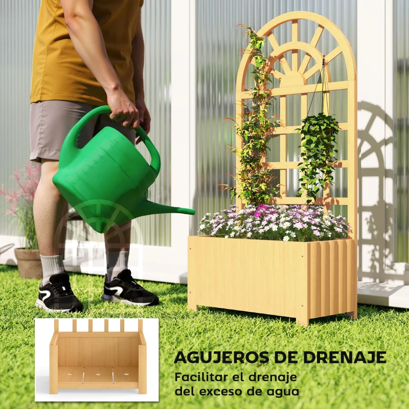 Outsunny Jardinera con Enrejado de Madera con Drenaje para Cultivos Verduras Flores Hierbas 60x30x120 cm Natural