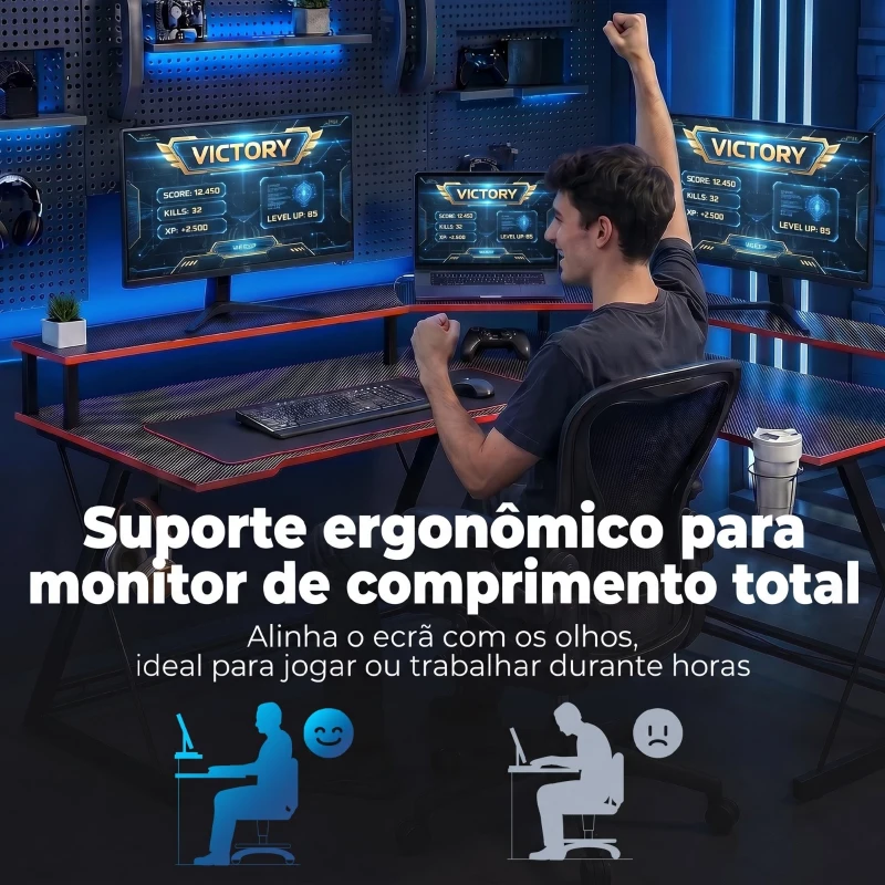 HOMCOM Secretária de Canto com Tomadas em Forma de L 128x128 cm com Suporte para Monitor Gancho e Suporte para Copos Preta