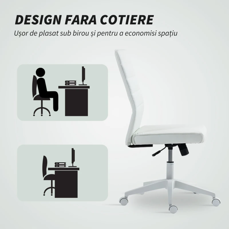 HOMCOM Scaun de Birou Ergonomic și Reglabil cu Spătar Curbat, din Piele PU și Oțel, 58x53x97-107 cm, Alb