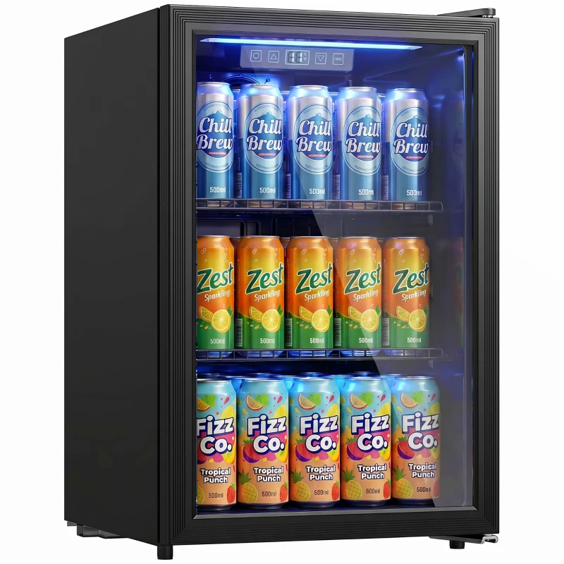 HOMCOM 70 L Getränkekühlschrank, Kühler für 70 Dosen mit Doppelglas-Tür, verstellbar Regal, LED-Beleuchtung Schwarz