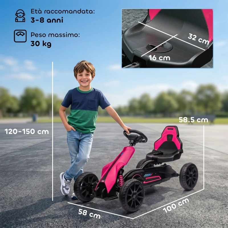 HOMCOM Go Kart a Pedali per Bambini 3-8 Anni con Sedile Regolabile e Ruote in EVA, 100x58x58.5 cm, Rosa e Nero