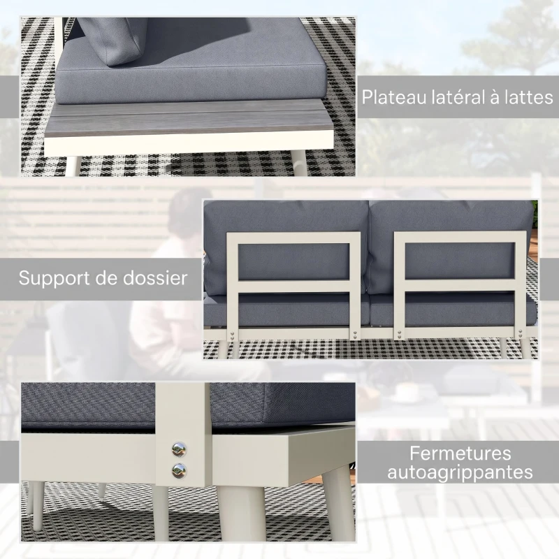 Outsunny Salon de jardin 3 pièces – Canapé d'angle modulable avec assise réglable, coussins confort, table effet bois – Gris