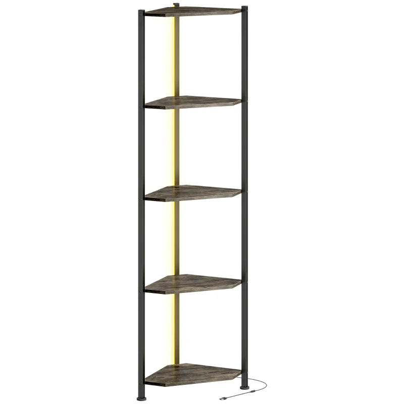 HOMCOM Bibliothèque d'angle 5 niveaux avec éclairage LED pour salon, chambre, bureau, Rustique brun