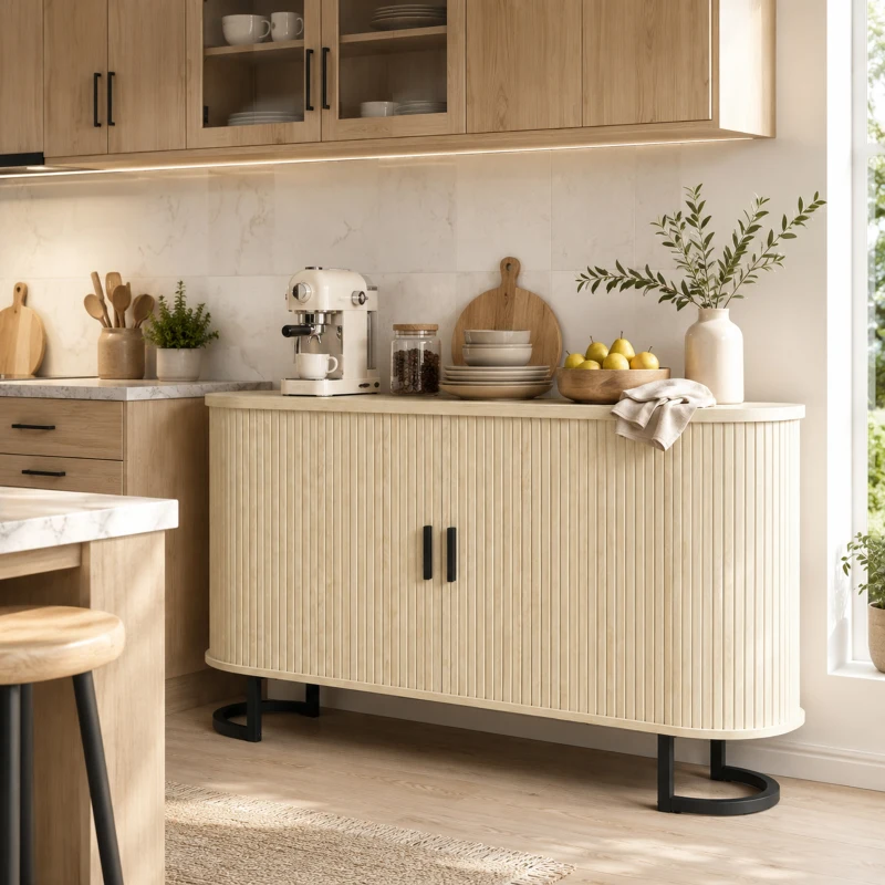 HOMCOM Aparador de salón, mueble de almacenamiento ovalado con 2 puertas correderas y estantes regulables, 140x40x75cm, madera natural