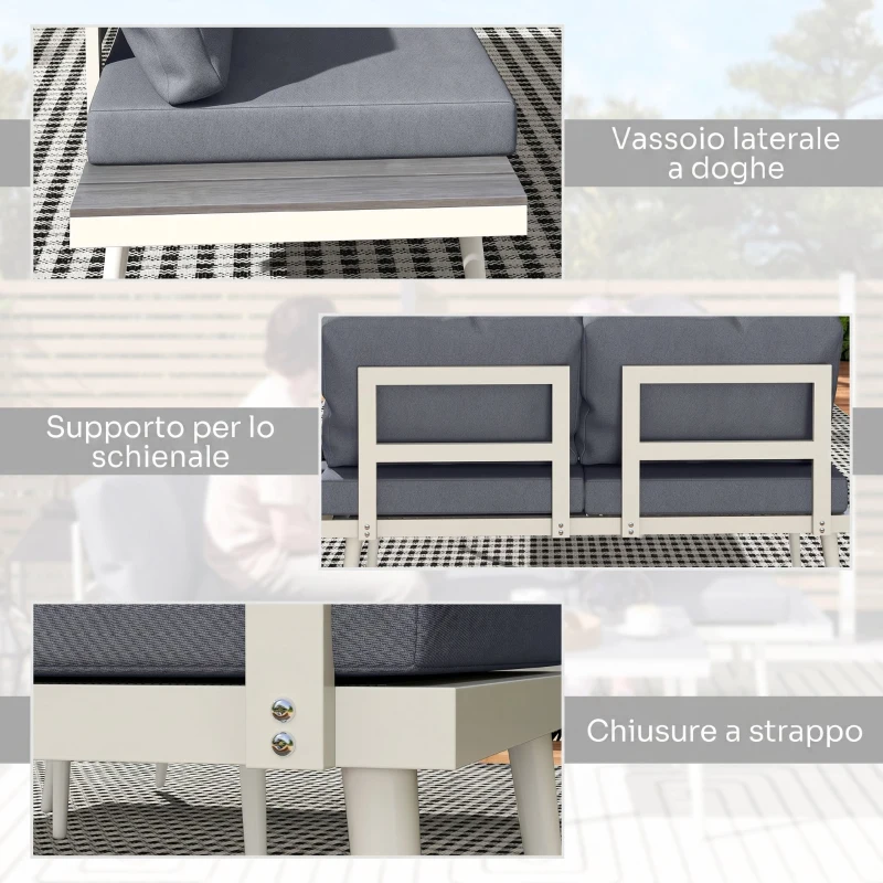 Outsunny Salotto da Giardino con 2 Divani con Cuscini, Schienale Regolabile a 5 Livelli e Tavolino a Doghe, Grigio