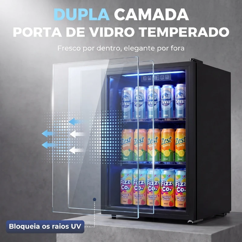 HOMCOM Frigorífico de Bebidas 70 L com Porta de Vidro Duplo Iluminação LED 2 Prateleiras Ajustáveis para 70 Latas