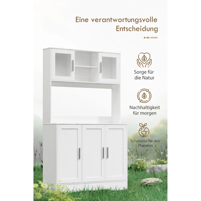 HOMCOM Küchenschrank, Skandinavisches Design, 4 Schränke, verstellbare Regale, Glastüren, offene Fläche, Spanplatte, MDF, Weiß(m-8)