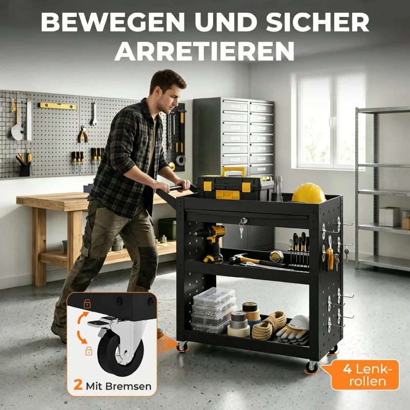 HOMCOM Werkzeugwagen mit abschließbaren Rollen, rollender Werkstattwagen mit 3 Ebenen, Schublade und Lochplatten, Schwarz