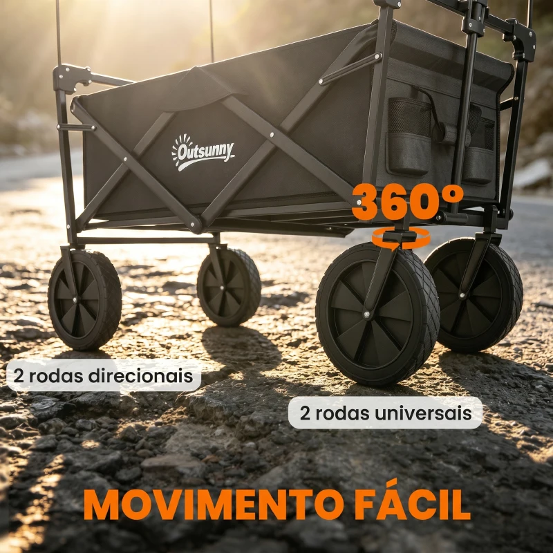 Outsunny Carrinho de Transporte Dobrável com Toldo Removível e Alça Ajustável Capacidade 100 kg para Campismo 97x52x105 cm Preto