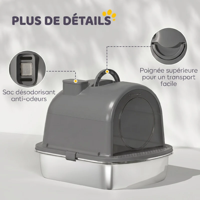 PawHut Maison de Toilette pour Chat Bac à Litière Fermé, Nettoyage facile, Bac Acier Inoxydable, 52,4x41,3x39,9cm, gris foncé