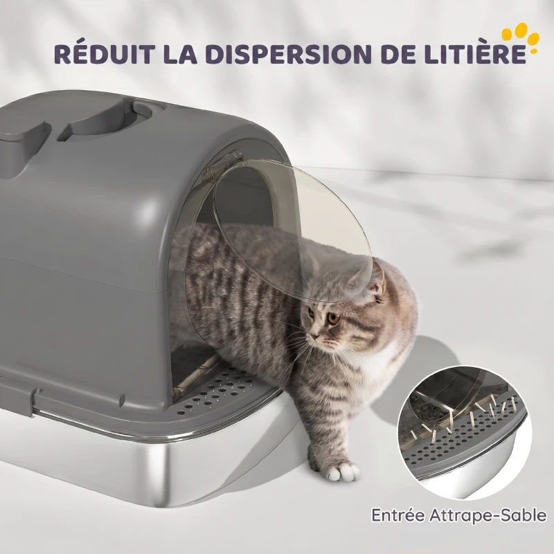 PawHut Maison de Toilette pour Chat Bac à Litière Fermé, Nettoyage facile, Bac Acier Inoxydable, 52,4x41,3x39,9cm, gris foncé