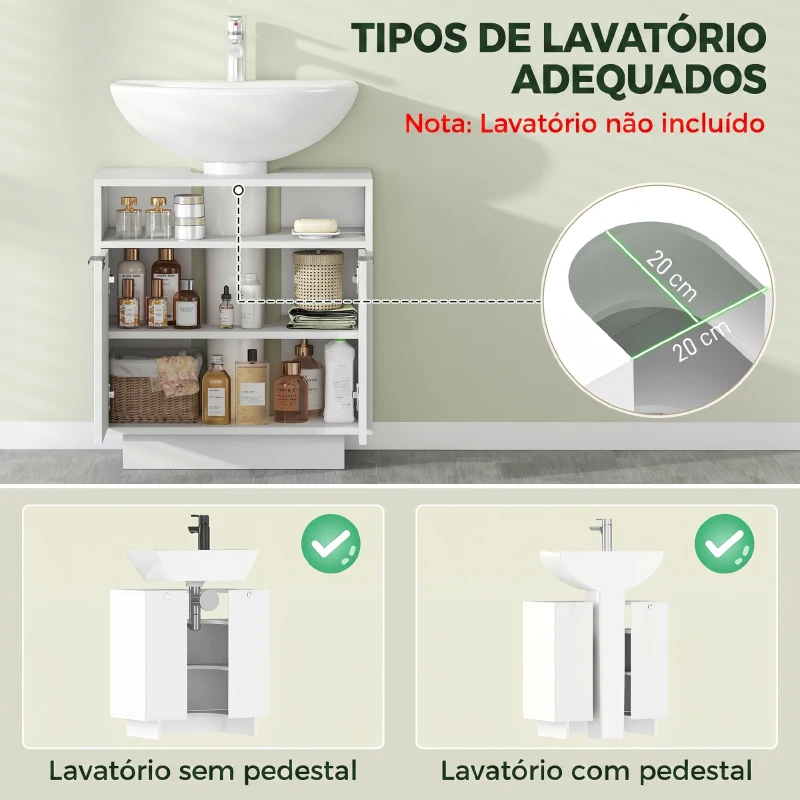 HOMCOM Móvel para Lavatório Pousar com 2 Portas Canaladas para Lavatório com ou sem Pedestal  60x33x63 cm Branco