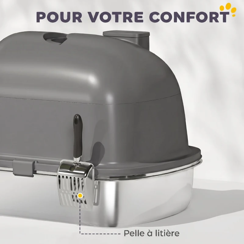 PawHut Maison de Toilette pour Chat Bac à Litière Fermé, Nettoyage facile, Bac Acier Inoxydable, 52,4x41,3x39,9cm, gris foncé
