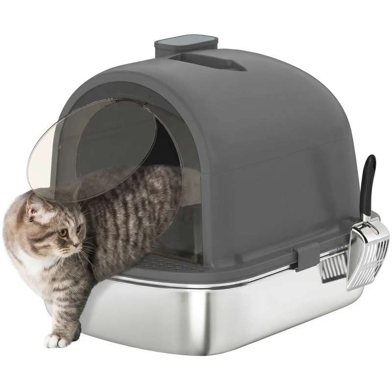 PawHut Maison de Toilette pour Chat Bac à Litière Fermé, Nettoyage facile, Bac Acier Inoxydable, 52,4x41,3x39,9cm, gris foncé