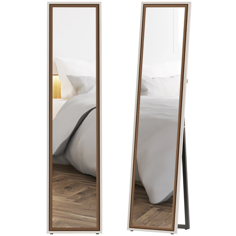 HOMCOM Espejo de Cuerpo Entero 157x37 cm con Marco Bicolor Espejo de Pie Inclinado o Colgante Blanco y Marrón
