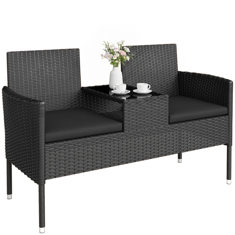 Outsunny Divanetto per Esterni 2 Posti con Tavolino da Caffè, in Acciaio e Rattan PE, 137x59x82 cm, Nero