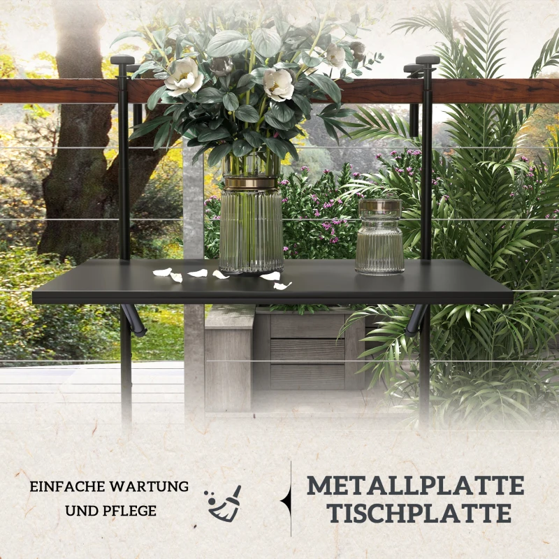 Outsunny Balkontisch, für Geländer 6-15cm Dicke, verstellbar, klappbar, rostfreies Metall, 62x60x85,5cm, Schwarz