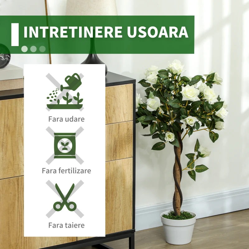 Outsunny Plantă artificială de trandafir cu 21 de flori și ghiveci umplut cu ciment și mușchi, Ø18x90 cm, albă