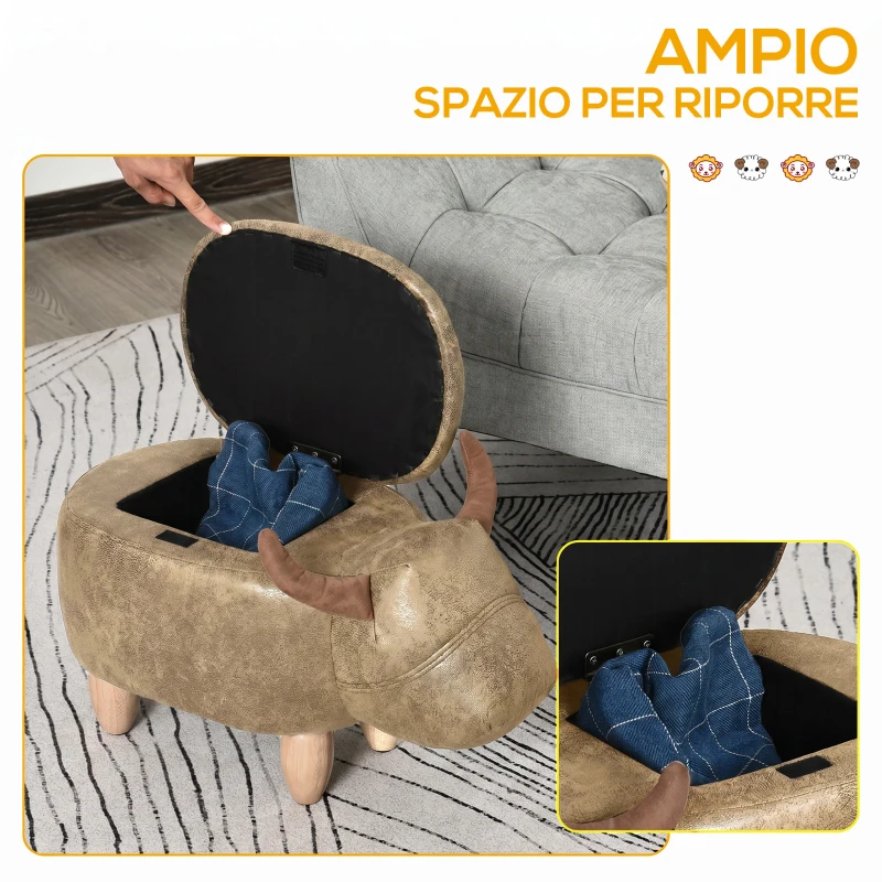 HOMCOM Pouf Contenitore a Forma di Bufalo, Pouf Moderno da Salotto, Sgabello Poggiapiedi, Struttura in Legno, Seduta Imbottita, 62x35x36cm, Marrone