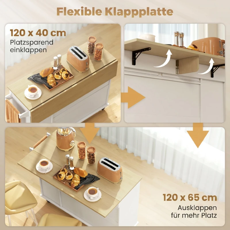 HOMCOM Îlot Central Cuisine avec Plateau Rabattable, Roulettes, 2 Tiroirs, Portes à Fermeture Douce, Porte-Serviettes, Blanc