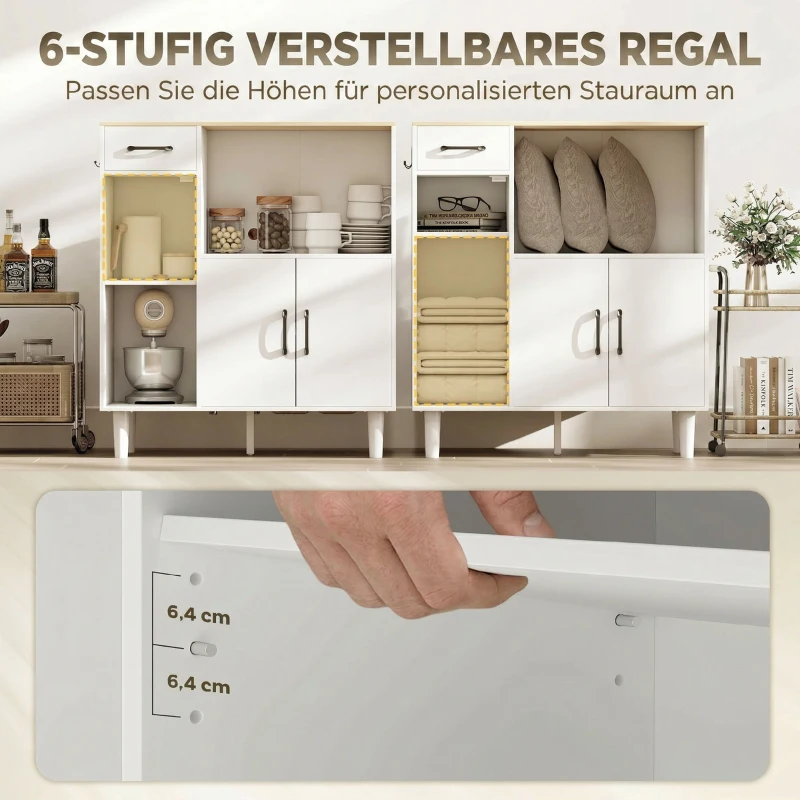 HOMCOM Sideboard Küchenschrank mit Schublade, 2 Schränken, Offenem Fach, geriffelter Acrylglastür 80 x 34 x 91 cm Weiß+Eiche