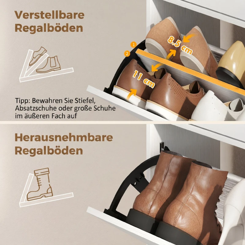 HOMCOM Schmaler Schuhschrank mit 2 Klappfächern, Schuhschrank mit Lychee-Leder-Türen und verstellbaren Regalböden, Weiß