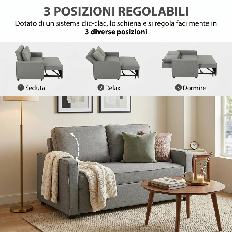 HOMCOM Divano Letto 2 Posti 3 in 1 con Schienale Regolabile in 3 Posizioni e 2 Cuscini, Tessuto Effetto Lino, Grigio