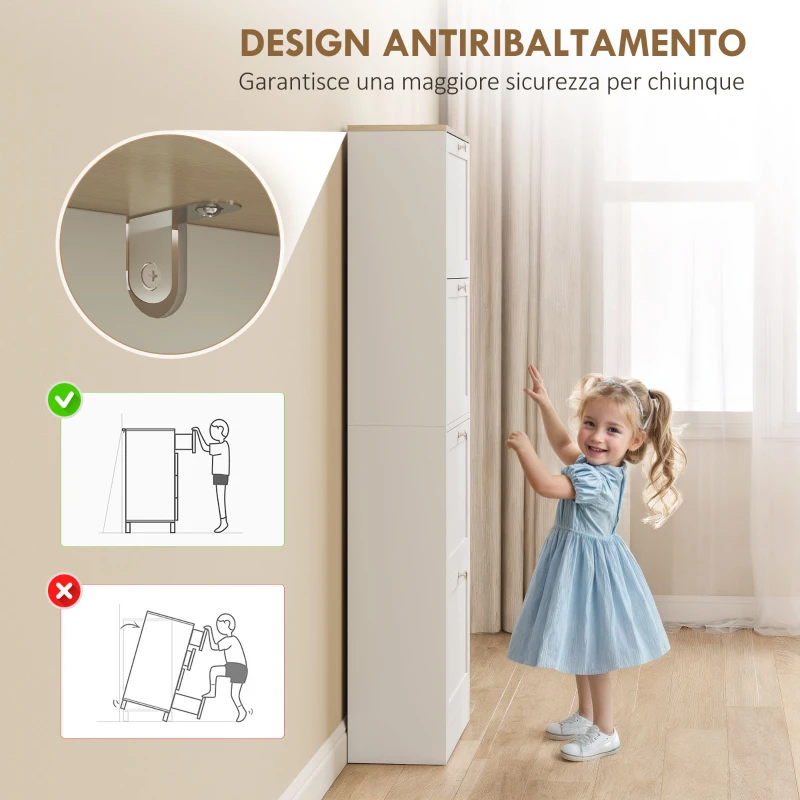 HOMCOM Scarpiera Salvaspazio a 4 Cassetti con Ripiani Regolabili su 2 Livelli, 60x23.5x153.3 cm, Bianco