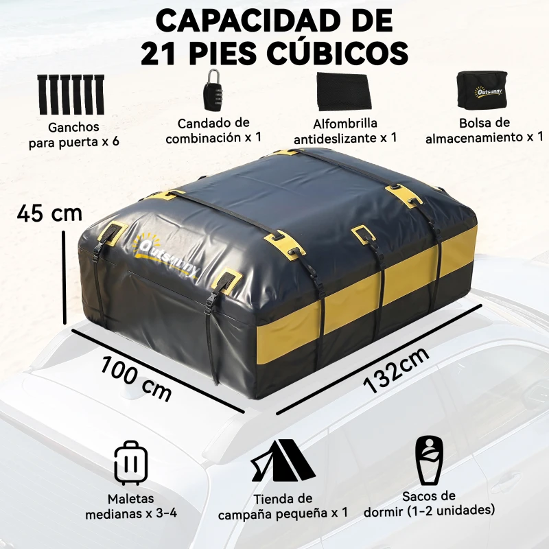 Outsunny Bolsa de Techo para Coche 594L Impermeable con 6 Correas Alfombrilla Antideslizante Ganchos para Vehículos Amarillo